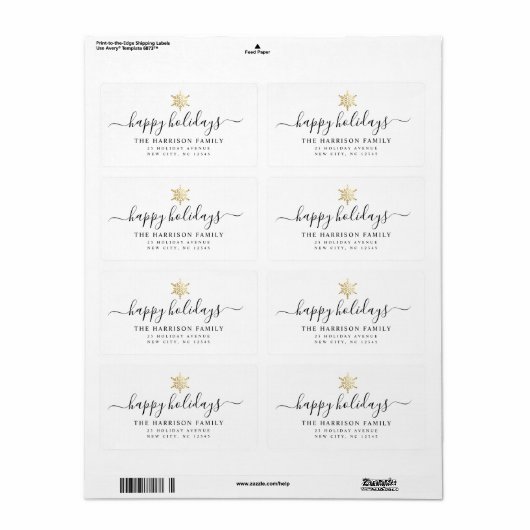 Moder Elegant Script Prettige feestdagen Gold Snow Etiket (Full Sheet)