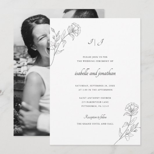 Moder Getrokken Bloemen Fotobruiloft Kaart (Voorkant / Achterkant)