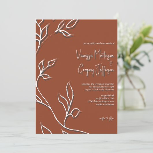 Modera Terracotta Line Art Leaves & Shadows Invita Kaart (Staand voorkant)