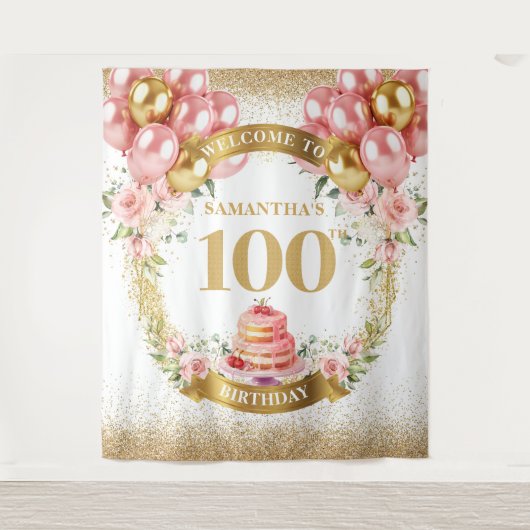 Modern 100e verjaardag Blush Gold Banner Design Wandkleed (Voorkant)
