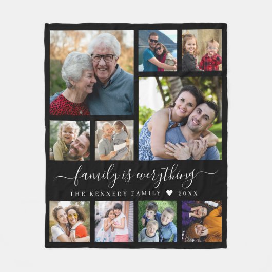 Modern 10 Photo Collage Family Name Quote Black Fleece Deken (Voorkant)