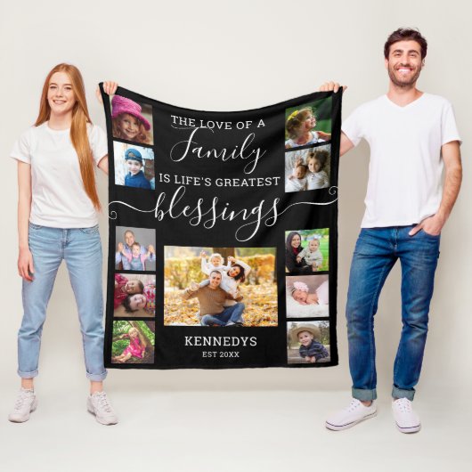 Modern 11 Photo Collage Family Love Quote Black Fleece Deken (In situ)