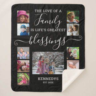 Modern 11 Photo Collage Family Love Quote Black Sherpa Deken