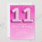 Modern 11th Birthday Girl with Pink Number Balloon Kaart (Voorkant)