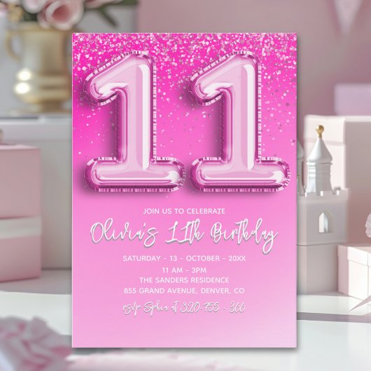 Modern 11th Birthday Girl with Pink Number Balloon Kaart