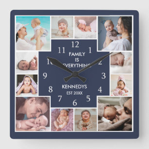 Modern 12 foto collage familie Quote blauw Vierkante Klok