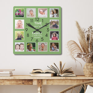 Modern 12 Foto Collage Familie Tijd Quote Groen Vierkante Klok