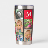 Modern 12 Photo Collage Family Name Monogram Red Geïsoleerde Drinkbeker (Achterkant)
