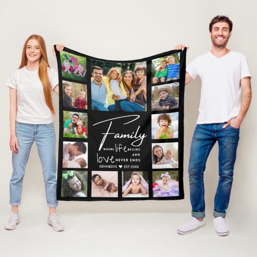 Modern 13 Photo Collage Family Quote Name Black Fleece Deken (In situ)