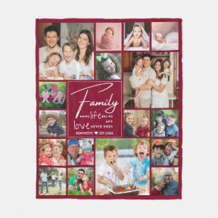Modern 17 Photo Collage Familienaam Quote Bourgond Fleece Deken