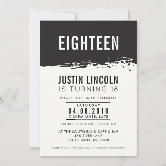 MODERN 18e verjaardagsfeest UITNODIGEN verfspatten Kaart (Voorkant)