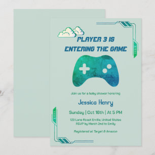 Modern 1974 Video Game Player 3 Gaming Baby shower Kaart