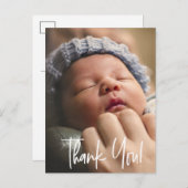 Modern 1 Baby Foto bedankt script Aankondigingskaart (Voorkant / Achterkant)