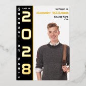 Modern 1 Foto Afstudeerder Party Zwart en Goud Folie Uitnodiging (Voorkant)