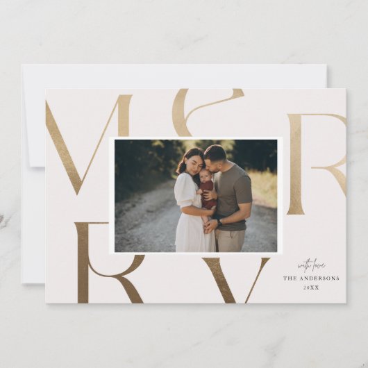 Modern 1 foto nep goud vrolijk kerstfeest  feestdagenkaart (Voorkant)