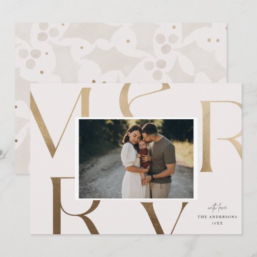 Modern 1 foto nep goud vrolijk kerstfeest  feestdagenkaart (Voorkant / Achterkant)