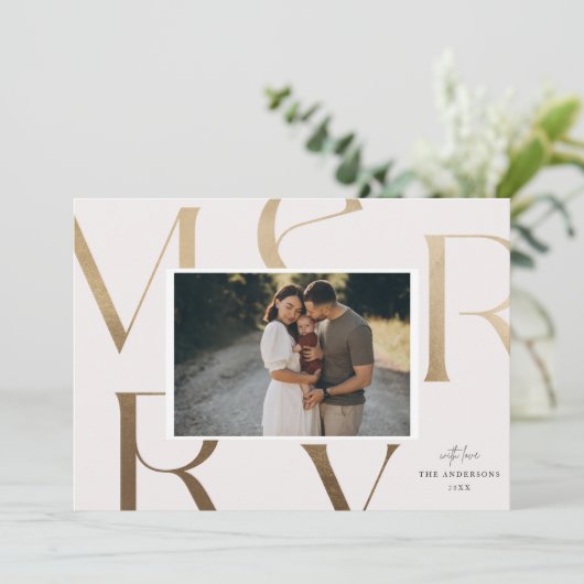 Modern 1 foto nep goud vrolijk kerstfeest  feestdagenkaart (Staand voorkant)