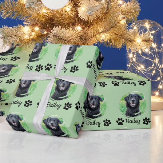 Modern 1 Pet Paw Print foto naam Groen Cadeaupapier (Feestdagen)