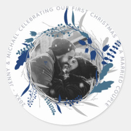 MODERN 1e JAAR Verloofd of Getrouwd FOTO Feestje Ronde Sticker