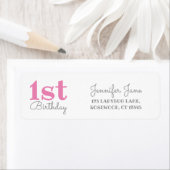 Modern 1e verjaardagsfeestje in roze retouradres etiket (Insitu)