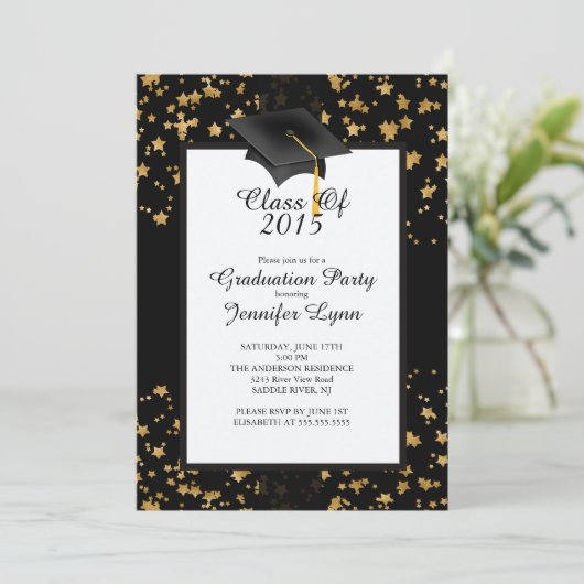 Modern 2015 Gold Black Graduation Party Invitation Kaart (Staand voorkant)