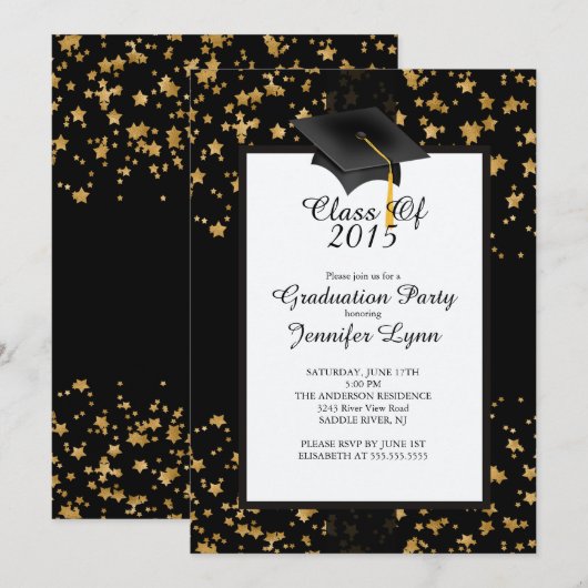 Modern 2015 Gold Black Graduation Party Invitation Kaart (Voorkant / Achterkant)