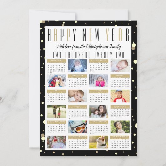 Modern 2022 - Calendar Black Gold 12 Photo Collage Feestdagenkaart (Voorkant)