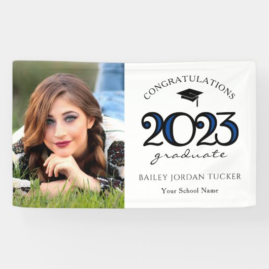 Modern 2022 Navy Blue Photo Graduation Party Spandoek (Horizontaal)