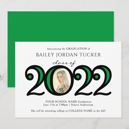 Modern 2022 Schoolkleuren Foto groen Afstuderen Aankondiging (Voorkant / Achterkant)