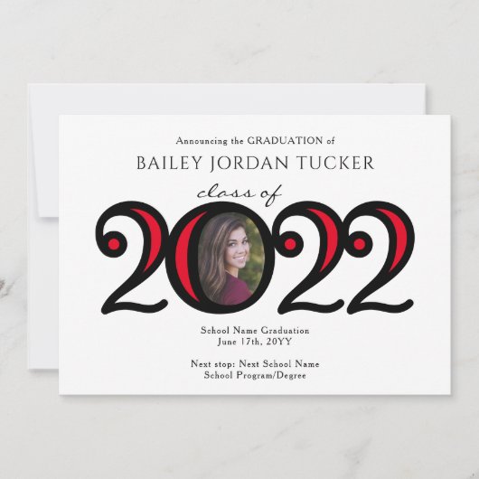 Modern 2022 Schoolkleuren Foto rood Afstuderen Aankondiging (Voorkant)