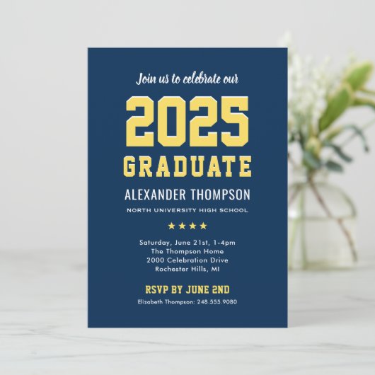 Modern 2023 Afstuderen de Navy Yellow Graduation P Kaart (Staand voorkant)