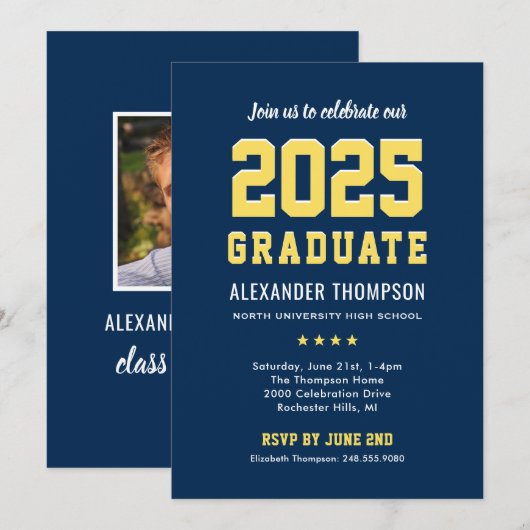 Modern 2023 Afstuderen de Navy Yellow Graduation P Kaart (Voorkant / Achterkant)