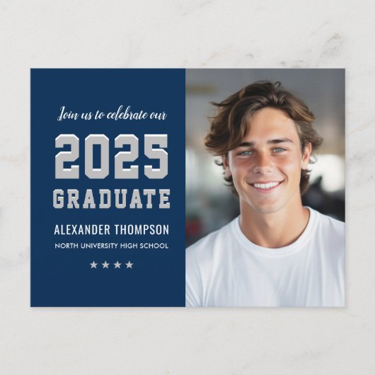 Modern 2023 Afstuderen Navy Grey Photo Afstuderen Uitnodiging Briefkaart (Voorkant)