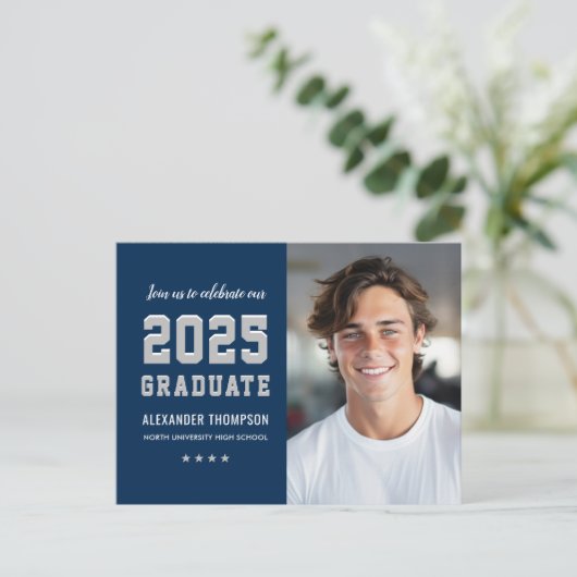 Modern 2023 Afstuderen Navy Grey Photo Afstuderen Uitnodiging Briefkaart (Staand voorkant)