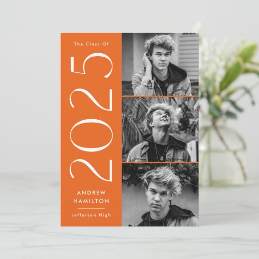 Modern 2023 Orange 3 Foto Graduation Party Kaart (Staand voorkant)