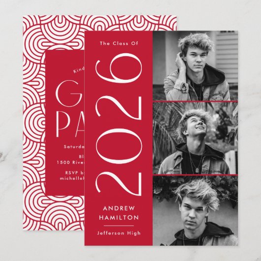 Modern 2023 Rood 3 Foto Afstudeerfeest Kaart (Voorkant / Achterkant)