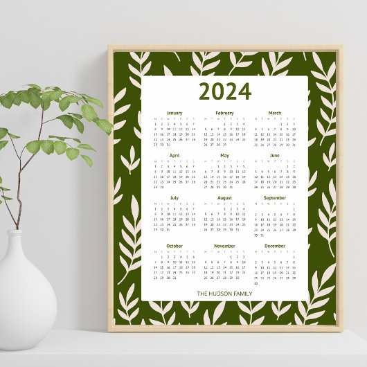 Modern 2024 Olijfgroene groenkalender Poster