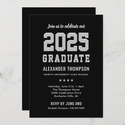 Modern 2025 Afstuderen Black Grey Graduation Party Kaart (Voorkant / Achterkant)