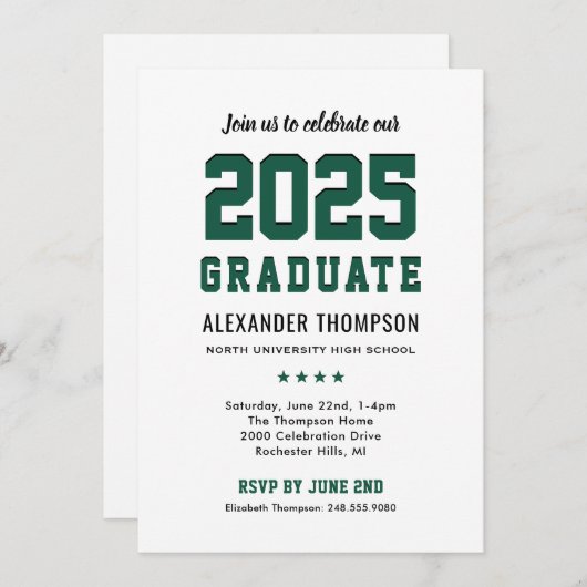 Modern 2025 Afstuderen Groen Afstudeerfeest Kaart (Voorkant / Achterkant)