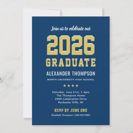 Modern 2025 Afstuderen Navy Gold Graduation Party Kaart (Voorkant)