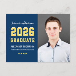 Modern 2025 Afstuderen Navy Yellow Photo Afstudere Uitnodiging Briefkaart