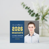Modern 2025 Afstuderen Navy Yellow Photo Afstudere Uitnodiging Briefkaart (Staand voorkant)
