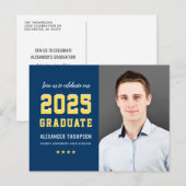 Modern 2025 Afstuderen Navy Yellow Photo Afstudere Uitnodiging Briefkaart (Voorkant / Achterkant)