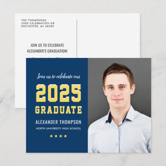 Modern 2025 Afstuderen Navy Yellow Photo Afstudere Uitnodiging Briefkaart (Voorkant / Achterkant)