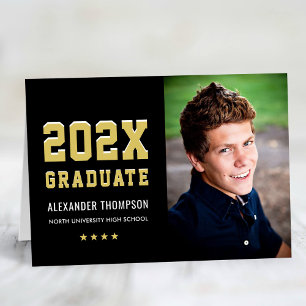 Modern 2025 Afstuderen Zwart Goud Foto Afstuderen Bedankkaart