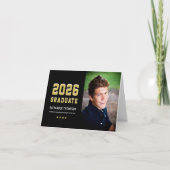 Modern 2025 Afstuderen Zwart Goud Foto Afstuderen Bedankkaart (Voorkant)