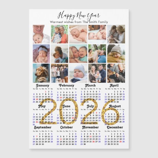 Modern 2025 Kalender Gold Script 15 Foto Magnetisc (Voorkant)