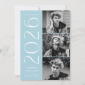 Modern 2025 Sky Blue 3 Foto Afstudeerfeest Kaart (Voorkant)