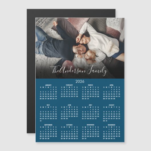 Modern 2026 Calendar Family Photo Blue Magnet (Voorkant / Achterkant)
