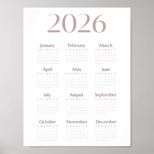 Modern 2026 Minimalist One-Sheet Calendar Poster (Voorkant)